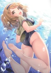 Rule 34 | 10s, 1girl, :d, absurdres, air bubble, animal, ass, bare legs, barefoot, blue one-piece swimsuit, blush, breasts, brown eyes, brown hair, bubble, cropped jacket, covered erect nipples, eyelashes, feet, fish, from behind, from below, hairband, highres, i-26 (kancolle), jacket, kantai collection, kase daiki, legs up, light rays, looking at viewer, looking down, medium breasts, new school swimsuit, one-piece swimsuit, open clothes, open jacket, open mouth, outdoors, plantar flexion, scan, school swimsuit, short hair, short sleeves, silhouette, smile, solo, submerged, sunlight, swimsuit, tareme, toenails, toes, two-tone hairband, underwater