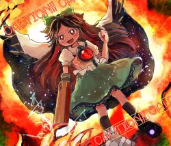 Rule 34 | 1girl, :d, arm cannon, asymmetrical footwear, bird girl, bird wings, black socks, black wings, bow, bright pupils, brown hair, cape, caution, commentary request, explosion, full body, green bow, green skirt, hair bow, highres, long hair, looking at viewer, mismatched footwear, open mouth, red eyes, reiuji utsuho, rome35793562, short sleeves, skirt, smile, socks, solo, third eye on chest, touhou, weapon, white cape, white pupils, wings