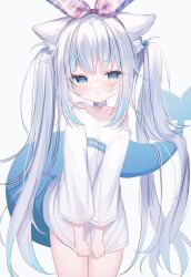 Rule 34 | 1girl, :3, :t, alternate costume, alternate hairstyle, animal ears, blue choker, blue eyes, blue hair, blush, bow hairband, cat ears, choker, commentary, covering privates, covering crotch, english commentary, fins, fish tail, gawr gura, grey hair, hairband, highres, hololive, hololive english, light smile, long hair, looking at viewer, multicolored hair, nail polish, pout, shark tail, shirt tug, shouu-kun, single bare shoulder, solo, streaked hair, tail, twintails, very long hair, virtual youtuber
