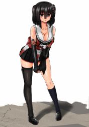Rule 34 | 1girl, asymmetrical legwear, bare shoulders, black footwear, black gloves, black hair, black skirt, blush, breasts, brown eyes, cleavage, collarbone, covered erect nipples, elbow gloves, full body, gloves, hair between eyes, hair ornament, hairpin, highres, kantai collection, kinnan, kneehighs, large breasts, leaning forward, legs apart, loafers, looking at viewer, miniskirt, open mouth, own hands together, pleated skirt, sailor collar, sash, sendai (kancolle), shoes, simple background, single kneehigh, single sock, single thighhigh, skirt, sleeveless, smile, socks, solo, standing, thighhighs, two side up, uneven legwear, v arms, white background
