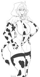 Rule 34 | 1girl, abs, animal print, artist name, artist request, biceps, bikini, breasts, capelet, covered erect nipples, cow print, cow print bikini, cow tail, cowbell, detached sleeves, fake tail, grimm (red hood), hands on own hips, highres, hood, hood up, hooded capelet, huge breasts, looking at viewer, mature female, medium hair, midriff, monochrome, muscular, muscular female, print bikini, red hood (kawaguchi), sideboob, slingshot swimsuit, swimsuit, tail, thick thighs, thighhighs, thighs