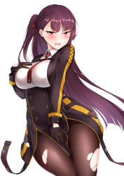 Rule 34 | 1girl, absurdres, black pantyhose, blazer, blush, breasts, brown hair, covering crotch, covering privates, framed breasts, girls&#039; frontline, gloves, gusset, hair ribbon, half updo, hand on own chest, head tilt, highres, jacket, large breasts, long hair, looking at viewer, necktie, one side up, open mouth, pantyhose, parted lips, pelvic curtain, purple hair, red eyes, red necktie, red ribbon, ribbon, shirt, sidelocks, signature, simple background, skirt, solo, sweatdrop, thighband pantyhose, torn clothes, torn pantyhose, very long hair, wa2000 (girls&#039; frontline), white background, zijiang