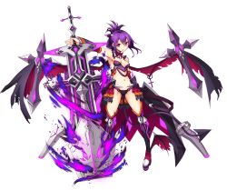Rule 34 | 1girl, armpits, black panties, breasts, cleavage, cross, demon tail, detached sleeves, full body, game cg, hair between eyes, hair ornament, holding, holding sword, holding weapon, long hair, looking at viewer, midriff, navel, official art, panties, parted lips, purple eyes, purple hair, red wings, showgirl skirt, small breasts, solo, sora no kanata no dystopia x shitei, standing, stomach, sword, tail, transparent background, underwear, weapon, wings, yashino mai