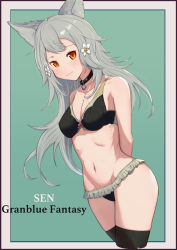 Rule 34 | 1girl, animal ears, arms behind back, bare shoulders, bikini, black bikini, black collar, black thighhighs, blush, bow, bow bikini, breasts, character name, cleavage, closed mouth, collar, collarbone, commentary request, erune, flower, frilled bikini, frills, granblue fantasy, grey hair, hair between eyes, hair flower, hair ornament, highres, legs together, long hair, long sleeves, looking at viewer, medium breasts, navel, orange eyes, outside border, revision, sen (granblue fantasy), simple background, smile, solo, standing, stomach, swimsuit, thighhighs, uneg