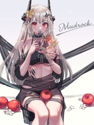 Rule 34 | 1girl, apple, arknights, bikini, black bikini, character name, commentary request, cup, detached sleeves, feet out of frame, food, fruit, gradient background, grey background, highres, holding, holding cup, holding spoon, horns, mudrock (arknights), mudrock (silent night) (arknights), navel, pointy ears, red eyes, short sleeves, sitting, solo, spoon, stomach, swimsuit, tanagawa makoto, thighs, white hair