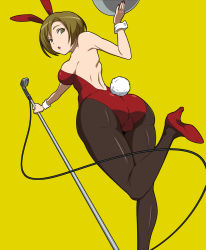 Rule 34 | 1girl, animal ears, ass, brown eyes, brown hair, fake animal ears, from below, high heels, legs, leotard, meiko (vocaloid), microphone, pantyhose, playboy bunny, puge, rabbit ears, rabbit tail, short hair, simple background, tail, tray, vocaloid, wrist cuffs