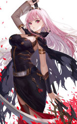 Rule 34 | 1girl, arched back, arm up, armlet, belt, black dress, black nails, black thighhighs, bracer, breasts, cape, detached sleeves, dress, ekao, falling petals, highres, holding, holding scythe, hololive, hololive english, large breasts, lips, long hair, looking at viewer, mori calliope, nail polish, parted lips, petals, pink hair, red eyes, rose petals, school uniform, scythe, simple background, single detached sleeve, single thighhigh, solo, tassel, thighhighs, thighs, torn cape, torn clothes, veil, very long hair, virtual youtuber, white background