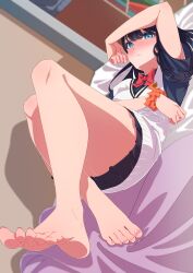 Rule 34 | 1girl, absurdres, arm on own head, barefoot, bed, blue eyes, blush, feet, gridman universe, gridman universe (film), highres, long hair, looking at viewer, lying, on back, soles, ssss.gridman, takarada rikka, toes