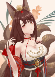 Rule 34 | 1girl, absurdres, akagi (azur lane), akagi (dawn phoenix&#039;s summons) (azur lane), animal ears, arm up, artist name, azur lane, bare shoulders, blush, breasts, brown eyes, brown hair, cleavage, closed mouth, collarbone, fox ears, fox tail, highres, ichikushi mojibake, japanese clothes, large breasts, lips, long hair, looking at viewer, official alternate costume, simple background, solo, tail, upper body