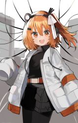 1girl :d a.i._voice adachi_rei belt black_pantyhose black_shirt black_skirt building city flat_chest hair_between_eyes hair_ribbon headlamp headphones jacket open_clothes open_jacket open_mouth orange_belt orange_eyes orange_hair pantyhose radio_antenna ribbon shirt side_ponytail skirt sleeves_past_fingers sleeves_past_wrists smile solo utau very_long_sleeves white_jacket white_ribbon zphlidisoc58628