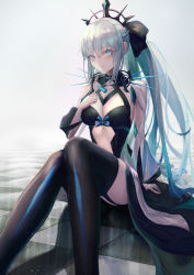Rule 34 | 1girl, absurdres, blue eyes, breasts, camellia (s kamellia), cleavage, fate/grand order, fate (series), grey hair, highres, large breasts, long hair, morgan le fay (fate), pantyhose, sitting, solo, thighs