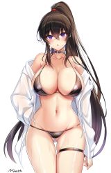 Rule 34 | 1girl, absurdres, bare shoulders, bikini, black bikini, black choker, black hair, breasts, choker, cleavage, collarbone, counter:side, covered erect nipples, cowboy shot, gluteal fold, halterneck, halterneck, hand on own hip, highres, jacket, large breasts, long hair, long sleeves, looking at viewer, maett, navel, off shoulder, open clothes, open jacket, parted lips, ponytail, purple eyes, simple background, skindentation, solo, standing, stomach, string bikini, swimsuit, thigh strap, thighs, very long hair, wet, white background, white jacket, yoo mina