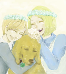 Rule 34 | 2girls, blonde hair, blue dress, bob cut, brown (rule of rose), child, clover, collar, dress, closed eyes, flower, four-leaf clover, good end, grey dress, grin, hair ornament, hairpin, happy, head wreath, holding, jennifer (rule of rose), mouth hold, multiple girls, open mouth, rule of rose, short hair, smile, wendy (rule of rose), aged down