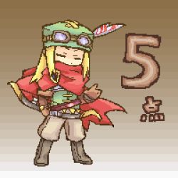Rule 34 | androgynous, atlus, belt, blonde hair, boots, brown-framed eyewear, brown footwear, brown gloves, character request, closed eyes, elbow gloves, etrian odyssey, full body, gender request, gloves, goggles, goggles on head, gradient background, green hat, hat, knee boots, long hair, lowres, oekaki, pote (ptkan), ranger (sekaiju), red scarf, scarf, solo, standing