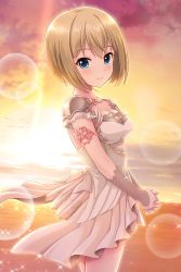 Rule 34 | 1girl, absurdres, alternative girls, armor, blonde hair, blue eyes, bow, closed mouth, dress, highres, looking at viewer, ocean, official art, own hands together, palms together, pauldrons, short hair, shoulder armor, smile, solo, sunlight, sunset, sylvia richter, white bow, white dress