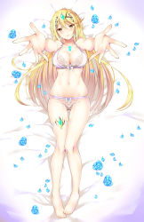 Rule 34 | 1girl, absurdres, bare shoulders, blonde hair, blush, bra, breasts, chest jewel, cleavage, collarbone, daive, earrings, gem, highres, jewelry, large breasts, legs, long hair, looking at viewer, mythra (xenoblade), navel, nintendo, outstretched arms, panties, skindentation, smile, swept bangs, thigh strap, tiara, underwear, white bra, white panties, xenoblade chronicles (series), xenoblade chronicles 2, yellow eyes