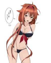 Rule 34 | 1girl, adapted costume, bikini, black bikini, breasts, brown eyes, brown hair, cleavage, collarbone, commentary request, cowboy shot, hair flaps, hair intakes, hairband, kantai collection, large breasts, long hair, looking at viewer, minoa 11touhei, open mouth, red hairband, shiratsuyu (kancolle), simple background, solo, swimsuit, translation request, white background