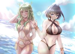 Rule 34 | 1340smile, 2girls, antlers, armband, artist name, bare shoulders, bikini, black bikini, blue eyes, blue hair, blush, braid, braided bangs, breasts, ceres fauna, cleavage, cloud, cloudy sky, green hair, hair between eyes, hair ornament, hand up, holocouncil, hololive, hololive english, horns, large breasts, long hair, midriff, multiple girls, navel, open mouth, ouro kronii, short hair, sideboob, single braid, sky, smile, swimsuit, virtual youtuber, water, yellow eyes