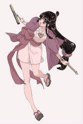Rule 34 | 1girl, absurdres, ace attorney, black hair, blunt bangs, broom, full body, hair ornament, hanten (clothes), highres, holding, holding broom, jacket, japanese clothes, jewelry, kimono, leg up, long hair, long sleeves, looking at object, magatama, maya fey, necklace, obi, omen hohoho, open mouth, pink sash, purple jacket, sash, short kimono, sidelocks, simple background, smile, solo, standing