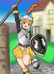 Rule 34 | 1girl, :d, arm up, armor, armored dress, belt, blonde hair, boots, bracelet, cecile (suikoden), day, deer, dress, feathers, gensou suikoden, gensou suikoden iii, gloves, green eyes, happy, helmet, highres, house, jewelry, knight, mukuroi, open mouth, orange skirt, shield, short hair, skirt, sky, smile, solo