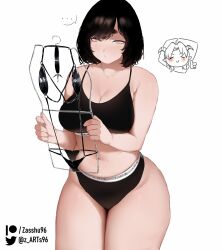 Rule 34 | ..., 1girl, artist name, bikini, black bikini, black bra, black hair, black panties, bra, breasts, cleavage, clothes hanger, commentary, curvy, english commentary, grey background, grey eyes, highres, holding, holding clothes, holding clothes hanger, horns, jewelry, large breasts, legs together, looking at viewer, meme, micro bikini, necklace, original, panties, patreon logo, plump, short hair, simple background, solo focus, speech bubble, spoken ellipsis, sports bra, sports panties, swimsuit, thick thighs, thighs, thumbs up, twitter logo, underwear, underwear only, wide hips, zasshu