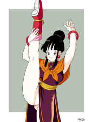 Rule 34 | 1girl, black eyes, black hair, chi-chi (dragon ball), chinese clothes, dragon ball, fighting stance, hpn03, kicking, leg up, looking at viewer, martial arts, outside border, simple background, smile, smirk, solo, tagme