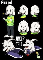 Rule 34 | &gt;:), 2boys, absurdres, animal ears, asriel dreemurr, barefoot, black background, black eyes, black sclera, cel shading, character name, child, colored sclera, commentary, copyright name, cropped head, dual persona, evil smile, expressions, facial mark, fangs, fewer digits, floppy ears, flower, flowey (undertale), from side, frown, full body, furry, furry male, goat boy, goat ears, goat horns, green shirt, highres, holding, holding flower, horns, kamezaemon, long sleeves, looking at viewer, male focus, multiple boys, multiple views, open mouth, shirt, simple background, skin fangs, slit pupils, smile, standing, striped clothes, striped shirt, sweatdrop, tareme, undertale, v-shaped eyebrows, white eyes, yellow flower