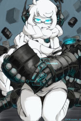 Rule 34 | 10s, 1girl, absurdly long hair, abyssal ship, armband, blue eyes, boots, braid, drum (container), gauntlets, glasses, glowing, glowing eyes, headphones, kantai collection, long hair, monochrome, open mouth, oso (toolate), pale skin, power fist, solo, spot color, supply depot princess, very long hair, white hair