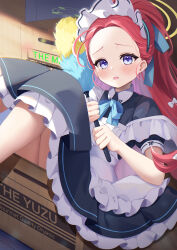 Rule 34 | 1girl, absurdres, alternate costume, alternate hairstyle, blue archive, box, cardboard box, commentary request, elegant (sumisumi4268), english text, enmaided, forehead, halo, highres, long hair, looking at viewer, maid, maid headdress, open mouth, purple eyes, red hair, ribbon, sitting, solo, yuzu (blue archive), yuzu (maid) (blue archive)