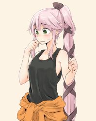 Rule 34 | 1girl, bad id, bad twitter id, bare shoulders, blush, breasts, cleavage, cosplay, embarrassed, green eyes, hair flaps, jumpsuit, kantai collection, kodera ju, long hair, medium breasts, pink hair, ponytail, simple background, solo, tank top, third-party source, very long hair, yura (kancolle), yuubari (kancolle), yuubari (kancolle) (cosplay)