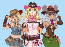 3girls :d artist_name bandana belt black_belt blonde_hair blue_background blue_eyes blue_skirt breasts brown_belt brown_gloves brown_hat brown_shorts choker commentary commission cowboy_hat cowgirl_(western) dolly_(vdreams) earrings elbow_gloves english_commentary finger_gun front-tie_top gloves green_eyes green_pants grey_hair grin hair_between_eyes hat holding_lasso horseshoe_ornament indie_virtual_youtuber jewelry large_breasts lasso lips lulu_lasso maizilla multicolored_hair multiple_girls navel_piercing nellie_(vtuber) nexas_(vtuber) open_mouth pants piercing pink_bandana pink_belt pink_hair pocket red_bandana red_eyes shirt shorts skirt smile streaked_hair teeth tongue torn_clothes torn_pants torn_shorts upper_teeth_only vdreams virtual_youtuber white_shirt