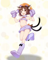 Rule 34 | 1girl, :d, alternate costume, animal ears, animal hands, black bow, bow, bowtie, breasts, brown eyes, brown hair, cat ears, cat tail, chen, commentary request, earrings, fujiyama, full body, gloves, hands up, hat, jewelry, looking at viewer, midriff, mob cap, multiple tails, open mouth, orange bow, orange hat, paw gloves, paw shoes, shoes, short hair, shorts, small breasts, smile, solo, standing, standing on one leg, tail, touhou, underboob