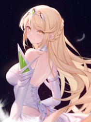Rule 34 | 1girl, absurdres, bare back, bare shoulders, black background, blonde hair, braid, breasts, closed mouth, dress, elbow gloves, feathers, from behind, gloves, highres, long hair, looking at viewer, medium breasts, mythra (xenoblade), roi (liu tian), simple background, smile, solo, tiara, very long hair, wedding dress, white gloves, xenoblade chronicles (series), xenoblade chronicles 2, yellow eyes