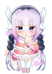 Rule 34 | 10s, 1girl, bad id, bad pixiv id, beads, blue eyes, blunt bangs, blush, capelet, chibi, dessert, dragon girl, dragon horns, dress, floral background, food, food on face, frilled dress, frills, fruit, hair beads, hair ornament, hairband, highres, horns, jitome, k2h, kanna kamui, kobayashi-san chi no maidragon, light purple hair, long hair, looking at viewer, pink footwear, shoes, solo, strawberry, tail, thighhighs, twintails, very long hair, white thighhighs