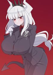 Rule 34 | 1girl, akitokage, alternate breast size, black neckwear, blunt bangs, breasts, collared shirt, commentary request, cowboy shot, demon girl, demon horns, demon tail, formal, frown, gloves, helltaker, highres, horns, huge breasts, jacket, leaning forward, long hair, long sleeves, looking at viewer, low-tied long hair, lucifer (helltaker), mole, mole under eye, pants, red background, red eyes, red shirt, shirt, simple background, solo, suit, tail, very long hair, white gloves, white hair, white horns, wing collar
