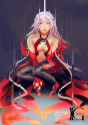 Rule 34 | 10s, 1girl, artist name, bodysuit, breasts, fingerless gloves, gloves, guilty crown, kevin glint, parted lips, pink hair, solo, squatting, teeth, yuzuriha inori