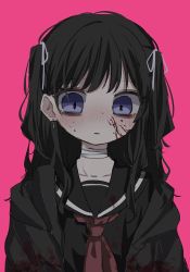 Rule 34 | 1girl, bandaged neck, bandages, black hair, blood, blood on clothes, blood on face, blush, earrings, hair ribbon, highres, hood, hoodie, jewelry, long hair, looking down, neckerchief, oniyamakei, parted lips, pink background, purple eyes, ribbon, school uniform, serafuku, solo, two side up