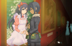 Rule 34 | 00s, 2girls, apron, artist request, belt, black hair, bow, dress, flower, green eyes, kino (kino no tabi), kino no tabi, long hair, multiple girls, multiple persona, museum, painting (action), pouch, ribbon, short hair, smile, tan