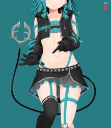 Rule 34 | 1girl, nanashi inc., asymmetrical gloves, black gloves, black hair, black shirt, black skirt, black thighhighs, blue background, blue hair, closed mouth, collarbone, crop top, dated, fang, fang out, gloves, groin, head out of frame, highres, long sleeves, mismatched gloves, multicolored hair, navel, o-ring, partially fingerless gloves, pleated skirt, puffy long sleeves, puffy sleeves, shirt, shishio chris, single thighhigh, skirt, sleeves past wrists, smile, solo, sugar lyric, tail, temari rin, thighhighs, two-tone hair, virtual youtuber