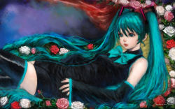 Rule 34 | 1girl, aqua eyes, aqua hair, boots, flower, hatsune miku, highres, long hair, lying, mikumix, on back, ponsuke (pon00000), rose, smile, solo, thigh boots, thighhighs, twintails, very long hair, vocaloid, white flower, white rose, zettai ryouiki