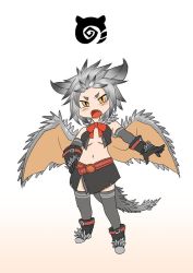 Rule 34 | &gt;:o, 10s, 1girl, bare shoulders, belt, black hair, black skirt, black vest, blush, boots, bow, bowtie, chinese commentary, commentary request, dragon tail, dragon wings, elbow gloves, fang, full body, gloves, gooster, gradient background, grey hair, grey thighhighs, hand on own hip, horns, japari symbol, kemono friends, looking at viewer, midriff, monster hunter, monster hunter: world, monster hunter (series), multicolored hair, navel, nergigante, no bra, no nose, open clothes, open vest, outstretched arm, parody, personification, red bow, red bowtie, short hair, skirt, slit pupils, solo, spiked hair, spikes, standing, stomach, style parody, tail, thighhighs, v-shaped eyebrows, vest, wings, yellow eyes, zettai ryouiki