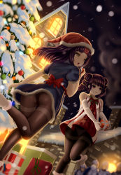 Rule 34 | 2girls, alternate costume, armor, ass, bow, box, christmas ornaments, christmas tree, commission, dkoro, dress, elbow gloves, fire emblem, fire emblem: path of radiance, fire emblem: the sacred stones, from behind, fur trim, gift, gift box, gloves, hat, helmet, highres, holding, looking to the side, medium hair, multi-tied hair, multiple girls, myrrh (fire emblem), night, nintendo, open mouth, outdoors, parted lips, pom pom (clothes), purple hair, red eyes, red headwear, sanaki kirsch altina, santa hat, short dress, short sleeves, sky, sleeveless, snow, snowing, strapless, strapless dress, twintails, watermark, web address, white gloves, yellow eyes