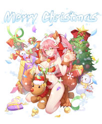 Rule 34 | 1girl, absurdres, animal ear fluff, animal ears, animal hands, antlers, artist request, bell, blush, box, breasts, candy, candy cane, cat paws, christmas, christmas lights, christmas ornaments, christmas tree, cleavage, collar, fate/grand order, fate (series), food, fox ears, fox girl, fox tail, gift, gloves, hair ribbon, heart, heart-shaped pupils, highres, horns, jingle bell, large breasts, long hair, looking at viewer, merry christmas, neck bell, paw gloves, paw shoes, pink hair, ponytail, red ribbon, reindeer, reindeer antlers, ribbon, sack, shoes, simple background, snowman, solo, swimsuit, symbol-shaped pupils, tail, tamamo (fate), tamamo cat (fate), white background