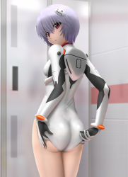 Rule 34 | 1girl, adjusting clothes, adjusting leotard, ass, ayanami rei, blue hair, blurry, bracer, breasts, cowboy shot, depth of field, expressionless, flat ass, from behind, gloves, hair between eyes, hair ornament, head tilt, highres, indoors, interface headset, leotard, looking at viewer, looking back, neon genesis evangelion, pilot suit, plugsuit, red eyes, short hair, silver hair, siraha, small breasts, solo