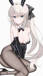 Rule 34 | 1girl, absurdres, animal ears, bare shoulders, black bow, blue eyes, blush, bow, bowtie, braid, breasts, cleavage, collarbone, detached collar, fake animal ears, fate/grand order, fate (series), fishnet pantyhose, fishnets, french braid, grey hair, hair between eyes, hair bow, highres, large breasts, leotard, long hair, long sleeves, looking at viewer, mati5572, morgan le fay (fate), navel, pantyhose, playboy bunny, ponytail, rabbit ears, sidelocks, solo, thighs, very long hair, white background