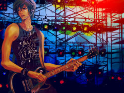 Rule 34 | 1boy, bad id, bad pixiv id, blue eyes, blue hair, guitar, headset, instrument, jewelry, kaito (vocaloid), gibson les paul, male focus, matching hair/eyes, necklace, nr, nr (takeno), scarf, short hair, solo, vocaloid