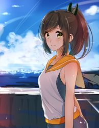Rule 34 | 10s, 1girl, bad id, bad pixiv id, bare shoulders, blush, brown eyes, brown hair, cloud, day, i-401 (kancolle), kantai collection, looking at viewer, okia, one-piece swimsuit, personification, ponytail, sailor collar, school swimsuit, school uniform, short hair, short ponytail, sky, smile, solo, swimsuit