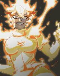 Rule 34 | black clover, clenched hand, fiery hair, fire, flaming eye, flaming hand, highres, mereoleona vermillion, short hair, smile, uniform, ury art