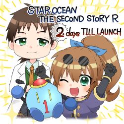 Rule 34 | 1boy, 1girl, :d, bowman jean, brown hair, chibi, closed mouth, eyewear on head, gloves, green eyes, highres, long hair, looking at viewer, necktie, open mouth, ponytail, precis neumann, robot, smile, star ocean, star ocean the second story, yutarise