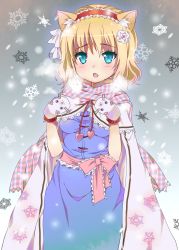 Rule 34 | 1girl, :o, adapted costume, alice margatroid, animal ears, animal hands, blonde hair, blue dress, blue eyes, blush, cape, cat ears, cat girl, cat paws, dress, female focus, flower, gloves, hair flower, hair ornament, hairband, heart, highres, kemonomimi mode, motiking, open mouth, sash, scarf, short hair, snowflakes, snowing, solo, striped clothes, striped scarf, touhou